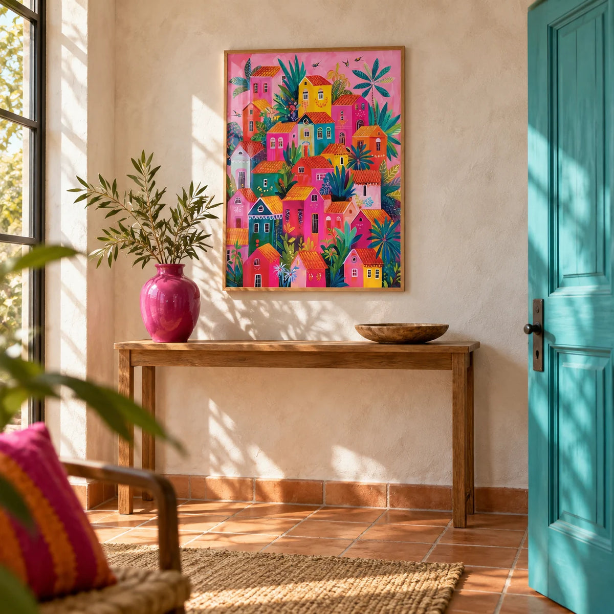 Mexican Village Painting, framed on the wall of a sunny Mexican-modern hallway with a solid turquoise painted front door