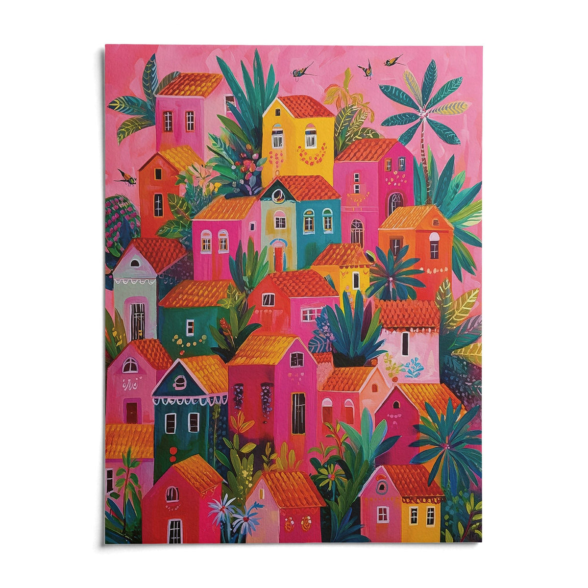 Mexican Village Painting, shown as an unframed paper print on a plain white background