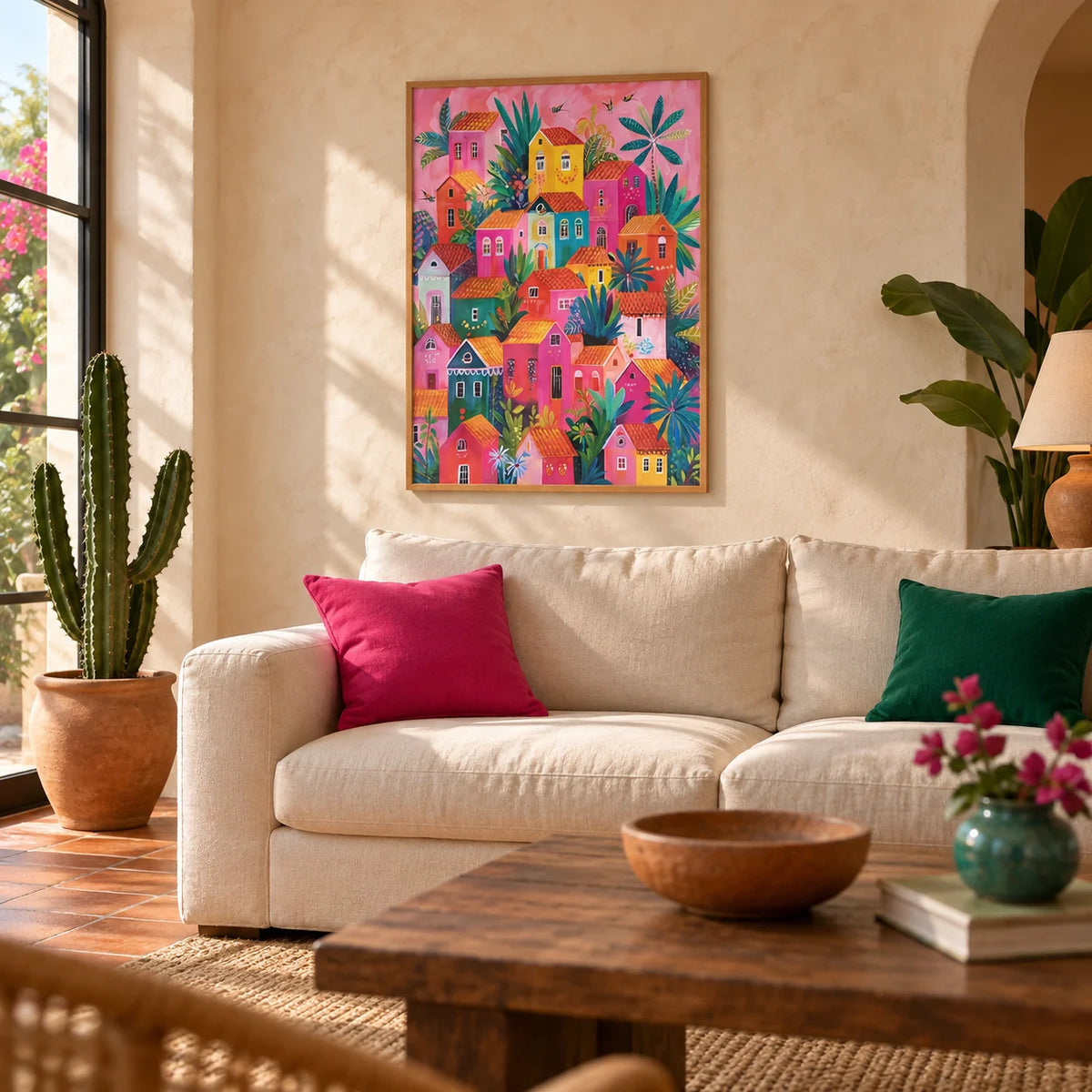 Mexican Village Painting, framed on the wall of a warm Mexican-modern living room with limewashed plaster walls and a terracotta tile floor