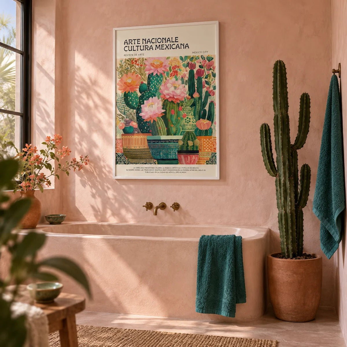 Mexican Room Decor, framed on the wall of a Mexican-modern bathroom with smooth pale pink plaster walls