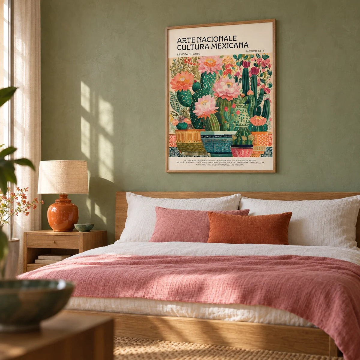 Mexican Room Decor, framed on the wall of a Mexican-modern bedroom with a sage green limewashed wall