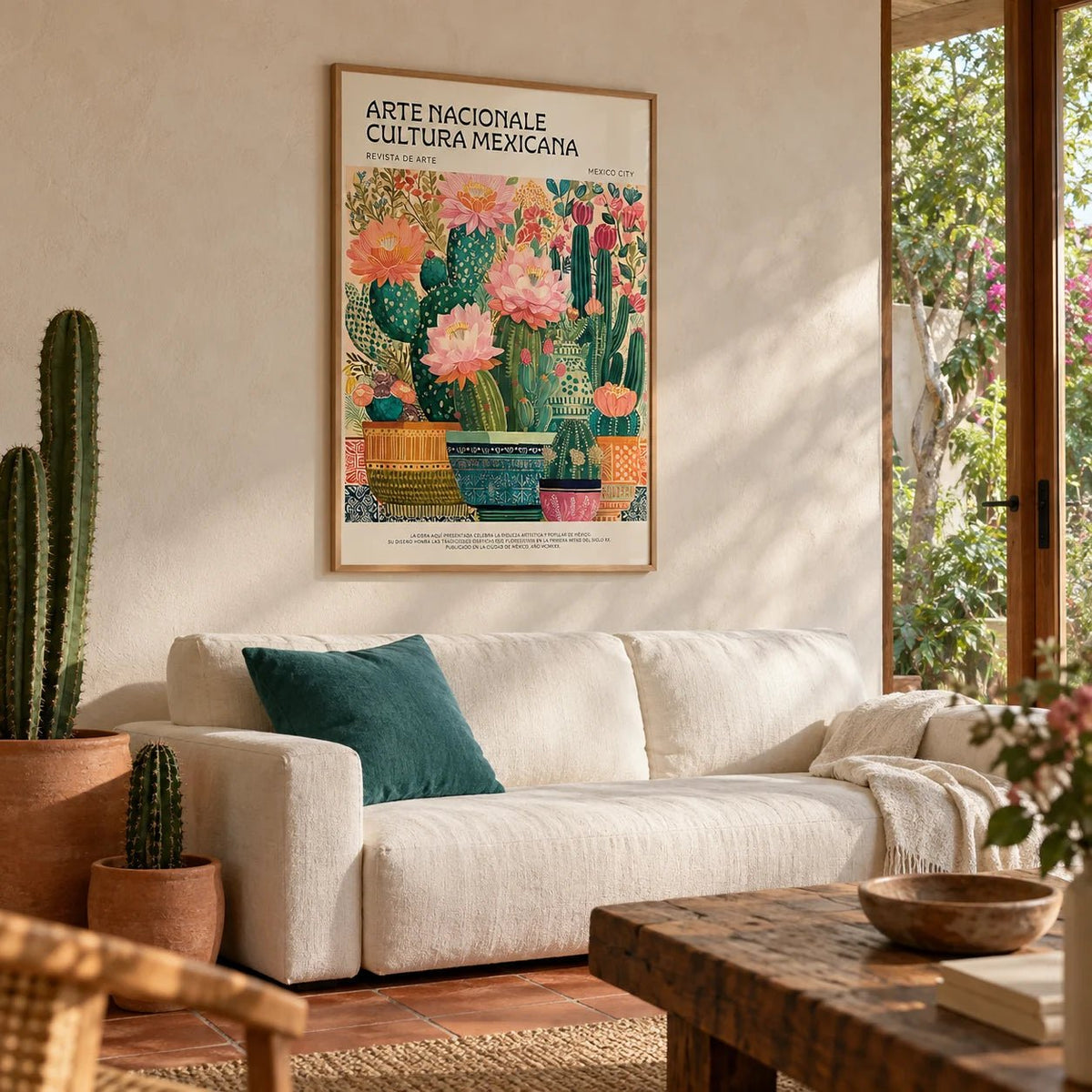 Mexican Room Decor, framed on the wall of a Mexican-modern garden room with limewashed walls and a terracotta floor in a living room