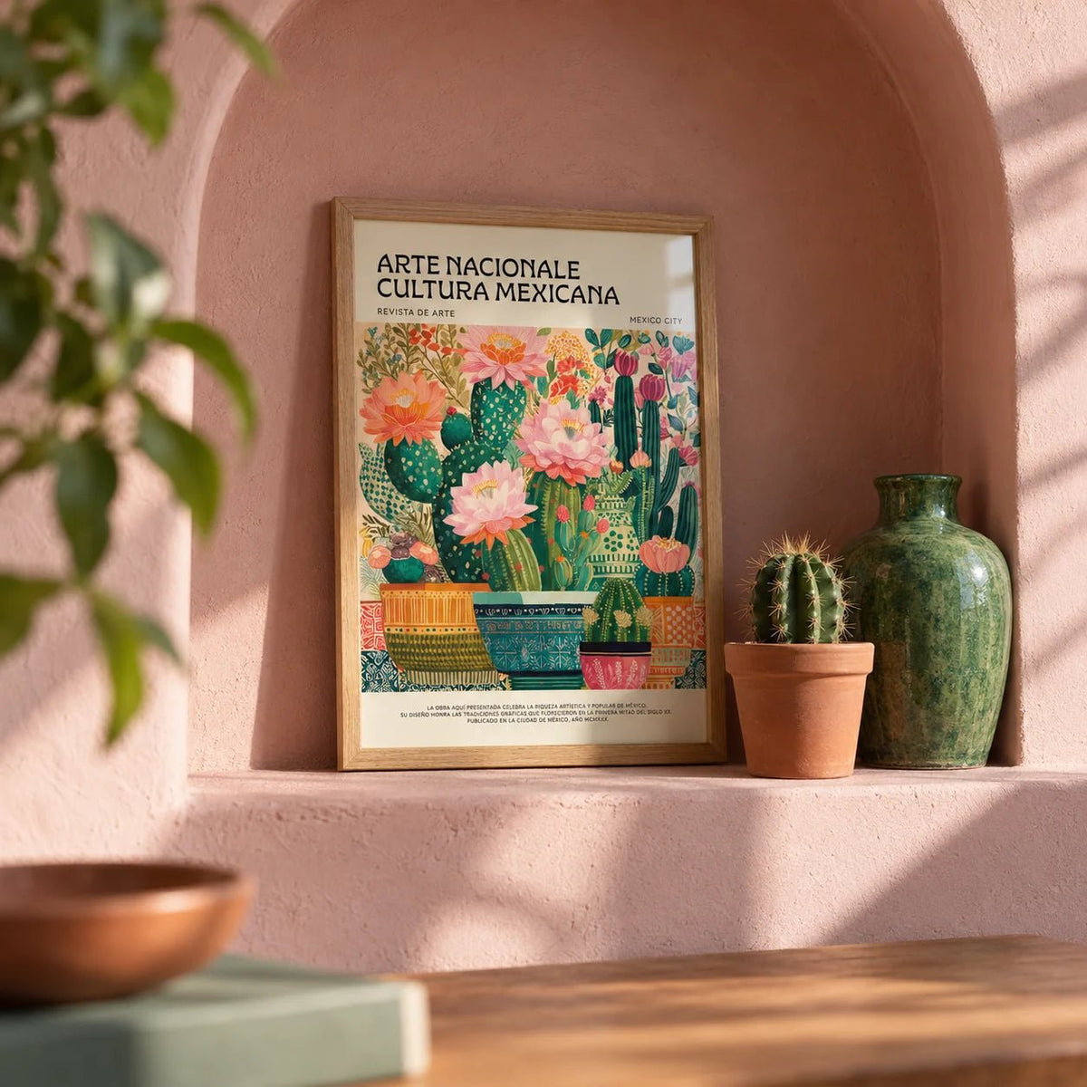 Mexican Room Decor, a small A4 framed print leaning on a shelf in a living room