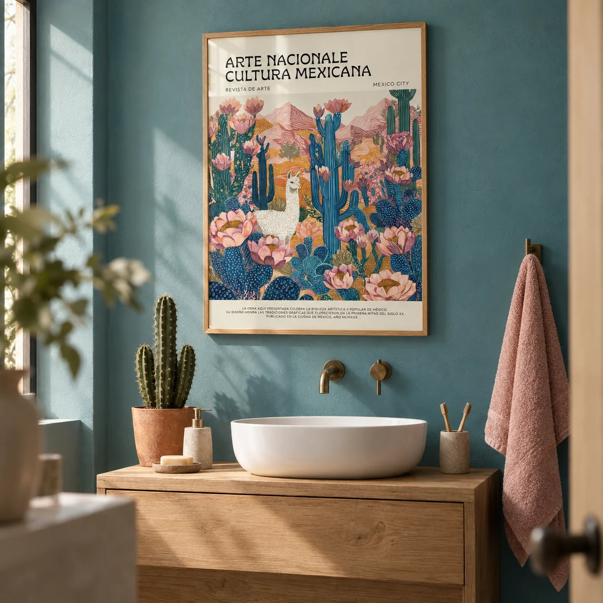 Mexican Wall Decor, framed on the wall of a calm bathroom with plain teal blue plaster walls