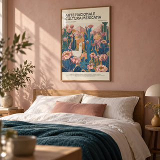 Mexican Wall Decor, framed on the wall of a calm bedroom with a plain dusty pink limewashed wall