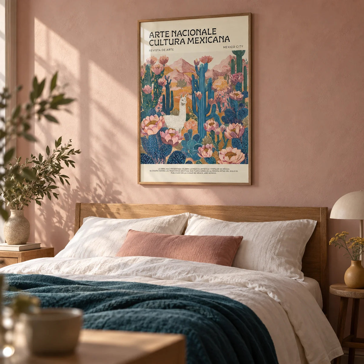 Mexican Wall Decor, framed on the wall of a calm bedroom with a plain dusty pink limewashed wall