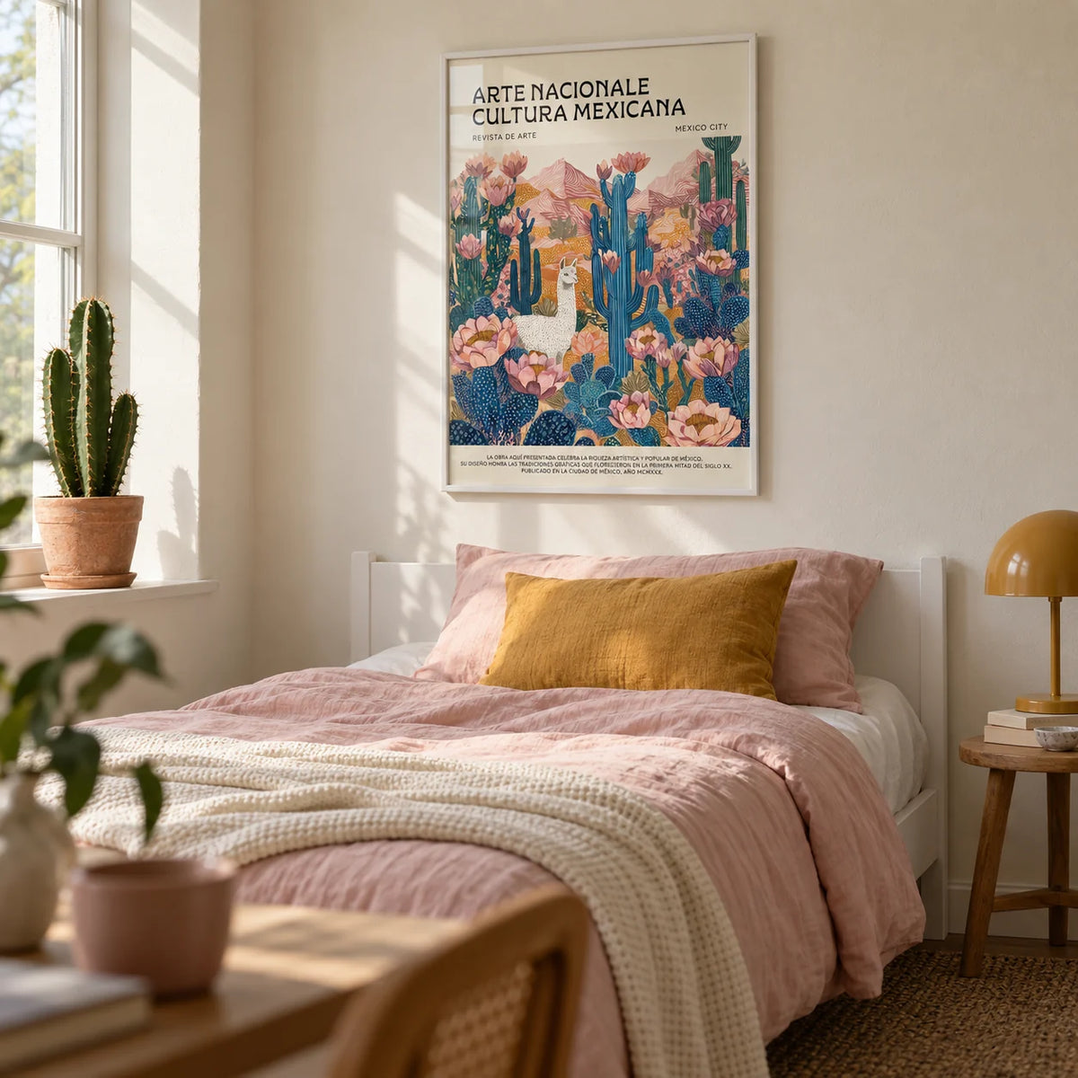Mexican Wall Decor, framed on the wall of a pretty young adult's single bedroom (18-25) with a plain cream plaster wall