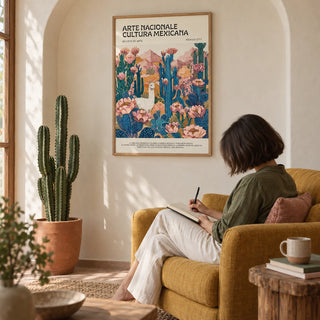 Mexican Wall Decor, framed on the wall of a reading corner in an arched plaster niche with plain cream walls in a living room