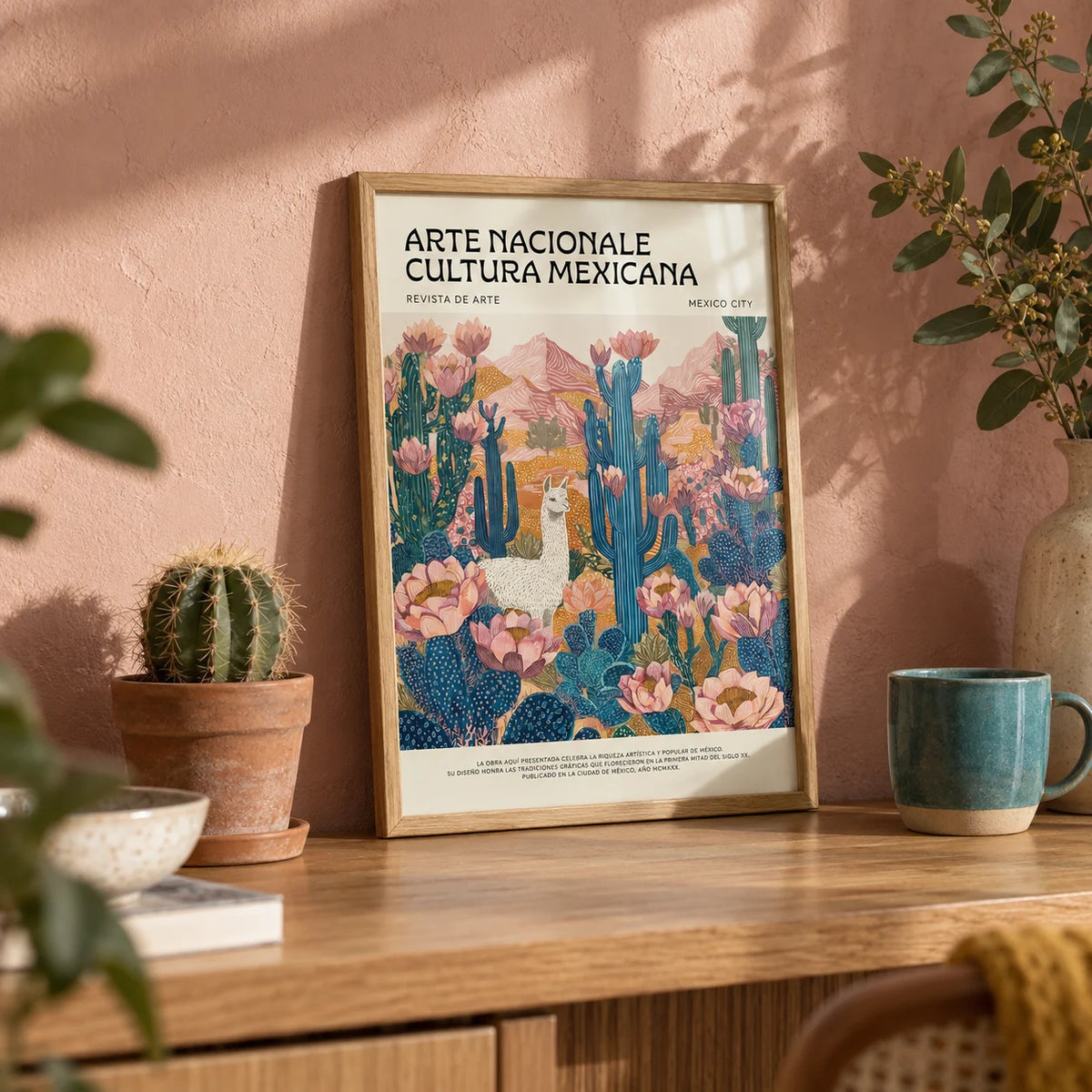 Mexican Wall Decor, a small A4 framed print leaning on an oak shelf in a living room