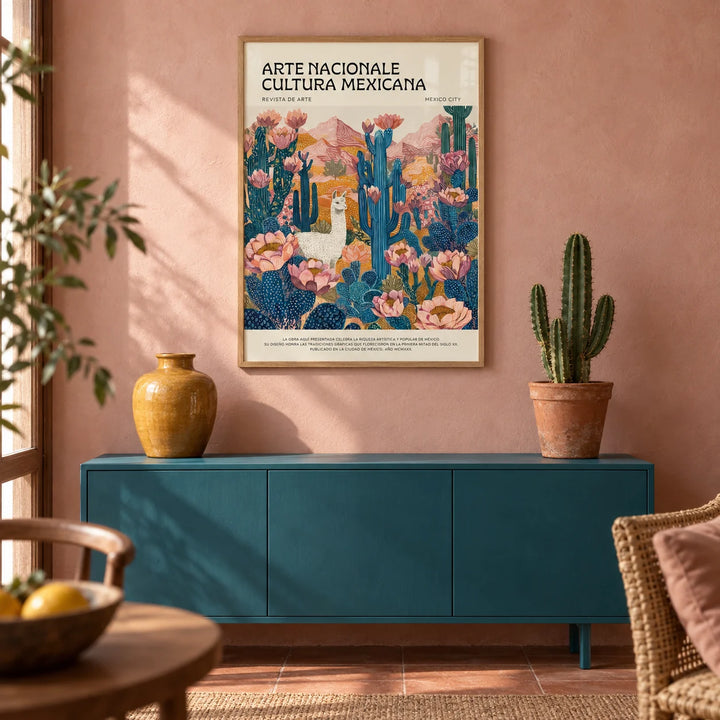 Mexican Wall Decor, framed on the wall of a warm Mexican-modern living room with plain dusty pink limewashed walls and a terracotta floor