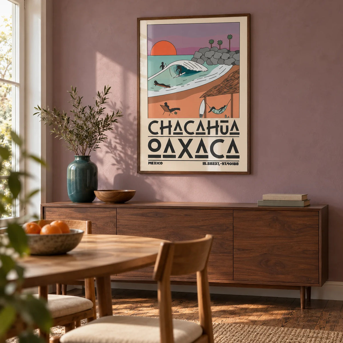 Mexico Beach Art Print, framed on the wall of a characterful modern dining room in a renovated UK terrace with a muted mauve plaster wall and warm wooden floor