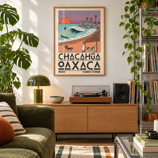 Mexico Beach Art Print shown in a city apartment record corner (frame not included)