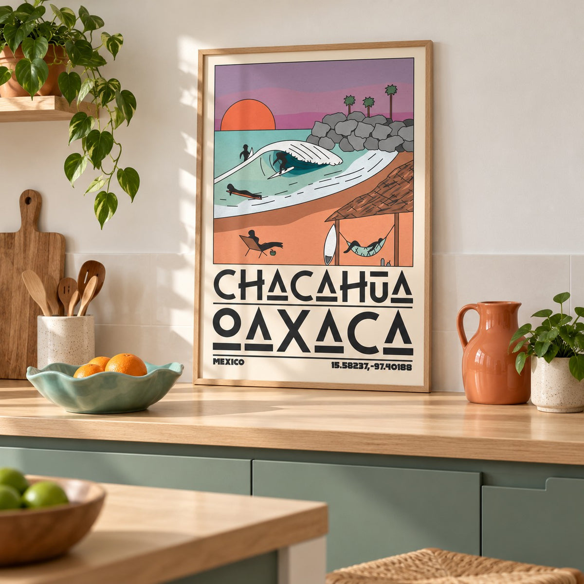 Mexico Beach Art Print shown in a minimalist kitchen (frame not included)