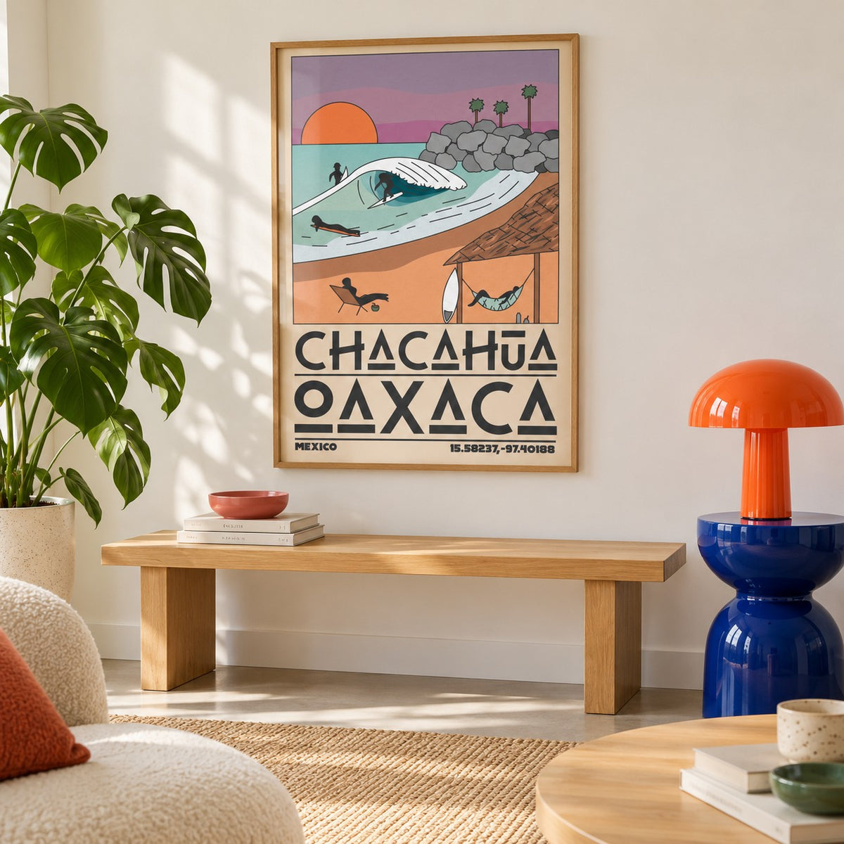 Mexico Beach Art Print shown in a minimalist living room with an oak bench (frame not included)