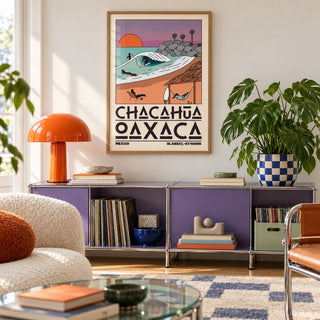 Mexico Beach Art Print shown in a playful living room with a retro modular sideboard (frame not included)