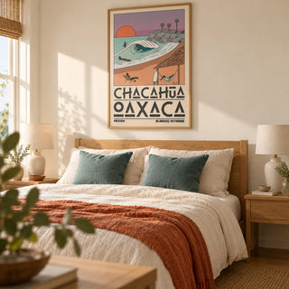 Mexico Beach Art Print, framed on the wall of a relaxed coastal bedroom in a UK couple's home with warm ivory walls and an oak floor