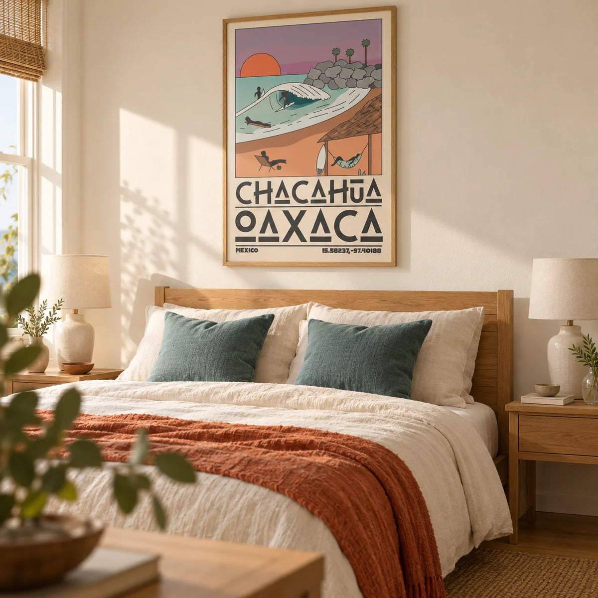 Mexico Beach Art Print, framed on the wall of a relaxed coastal bedroom in a UK couple's home with warm ivory walls and an oak floor