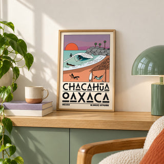 Mexico Beach Art Print shown in the small A4 size on a shelf (frame not included)