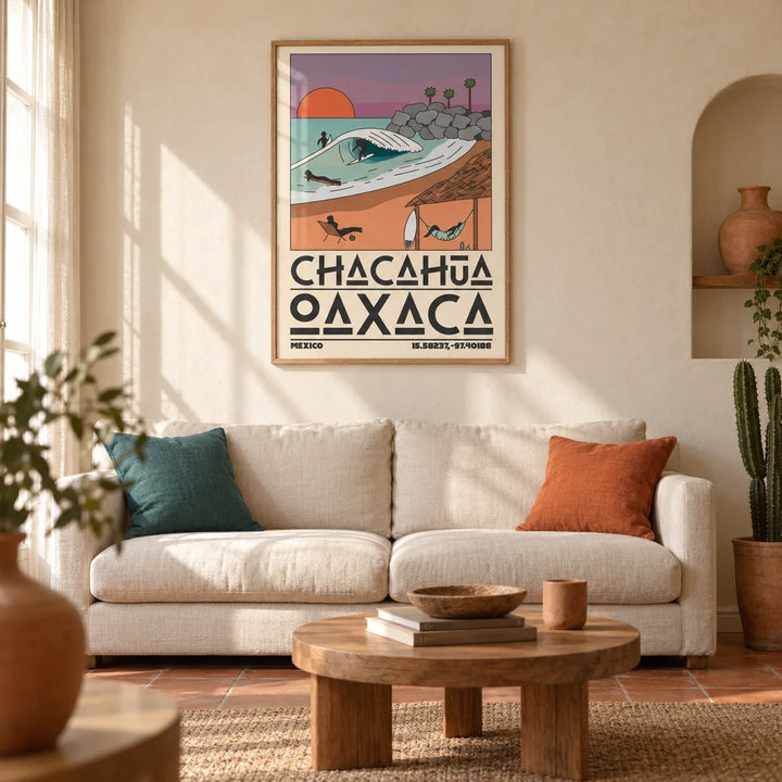 Mexico Beach Art Print, framed on the wall of a warm Mexican-inspired contemporary living room in a UK terraced house