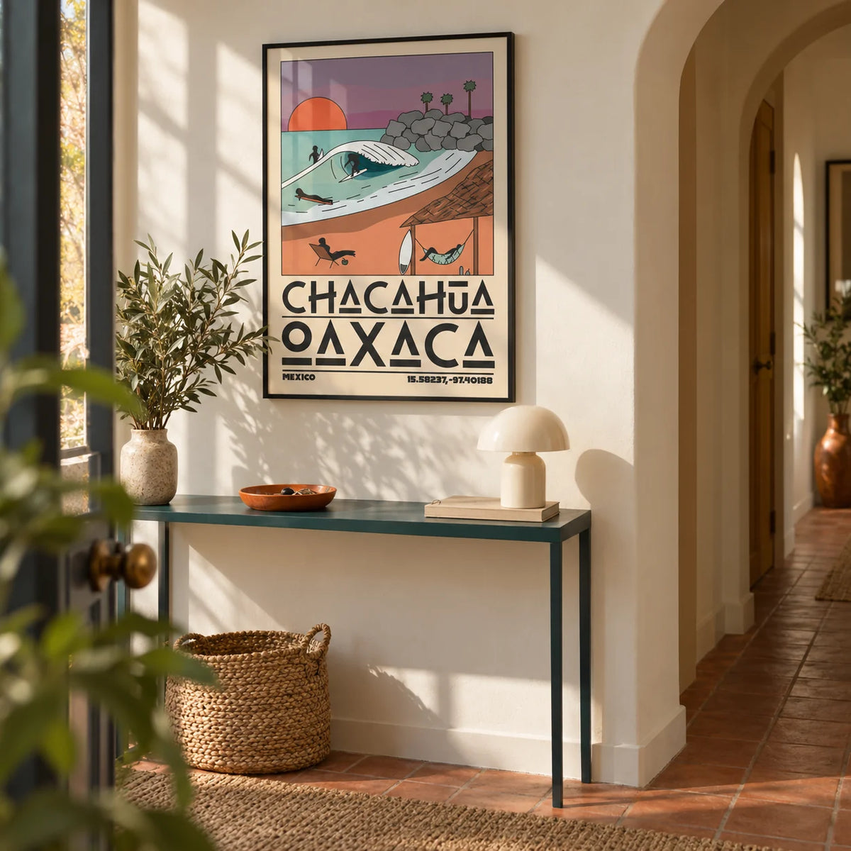 Mexico Beach Art Print, framed on the wall of a welcoming hallway in a design-conscious UK first home with warm white plaster walls and terracotta floor tiles