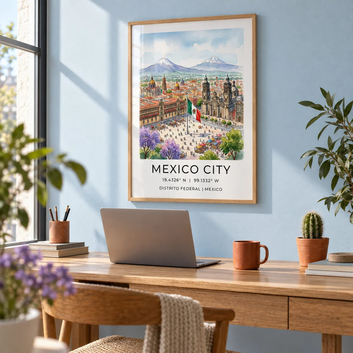 Mexico City Art Print, framed on the wall of a bright home office with a pale blue wall