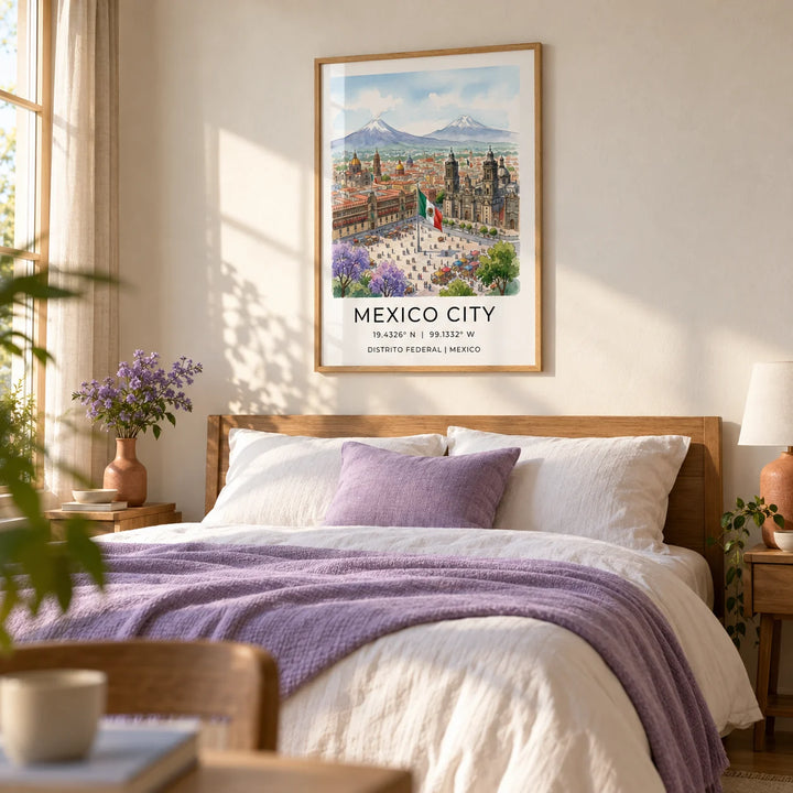 Mexico City Art Print, framed on the wall of a calm bedroom with a warm white plaster wall