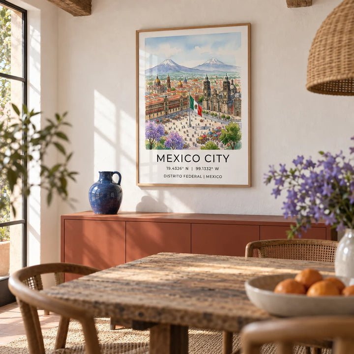 Mexico City Art Print, framed on the wall of a sunny dining room with whitewashed walls and wooden beams