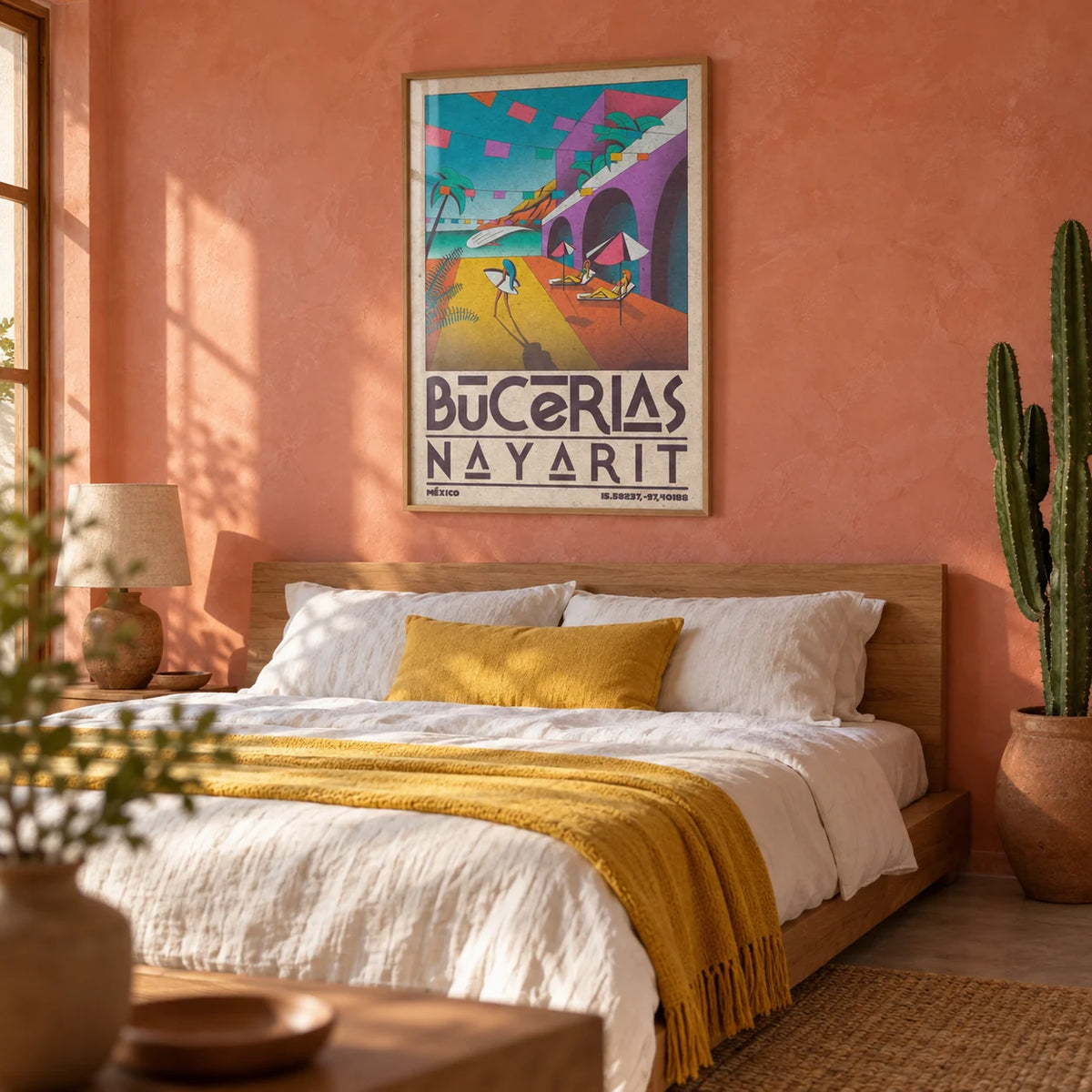 Mexico Coastal Wall Art, framed on the wall of a calm Mexican-modern bedroom with a soft coral limewashed wall