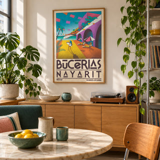 Mexico Coastal Wall Art shown in a city kitchen dining area (frame not included)