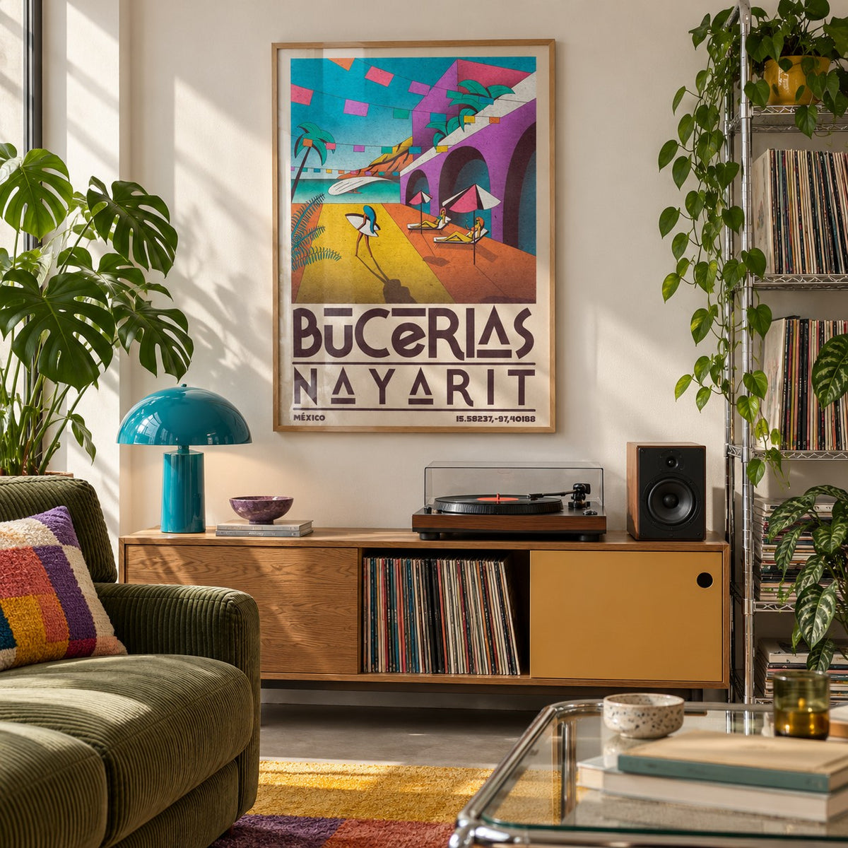Mexico Coastal Wall Art shown in a city apartment record corner (frame not included)