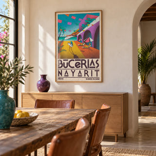 Mexico Coastal Wall Art, framed on the wall of a Mexican-modern dining room with an arched doorway and warm white plaster walls