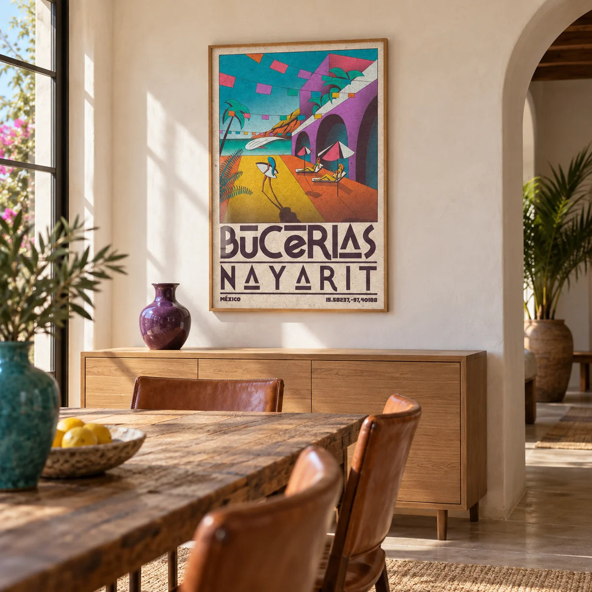 Mexico Coastal Wall Art, framed on the wall of a Mexican-modern dining room with an arched doorway and warm white plaster walls