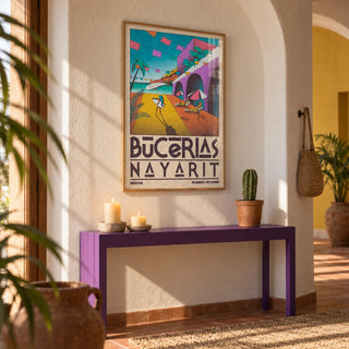 Mexico Coastal Wall Art, framed on the wall of a Mexican-modern hallway with an arched plaster niche
