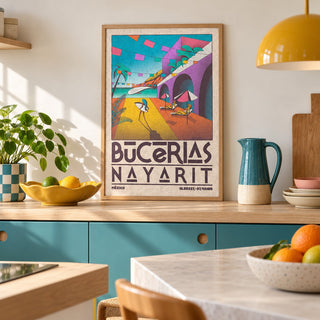 Mexico Coastal Wall Art shown in a minimalist kitchen (frame not included)