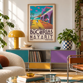 Mexico Coastal Wall Art shown in a playful living room with a retro modular sideboard (frame not included)