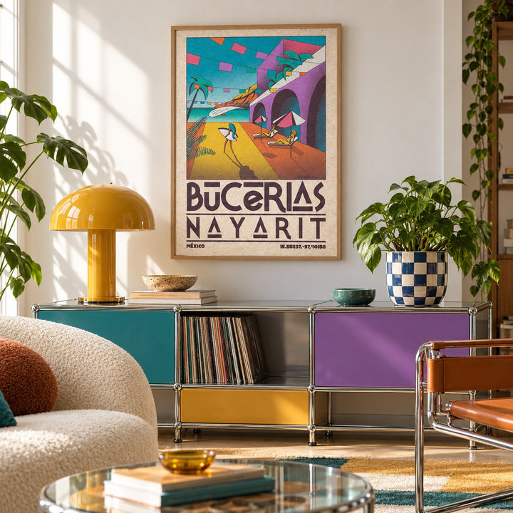 Mexico Coastal Wall Art shown in a playful living room with a retro modular sideboard (frame not included)