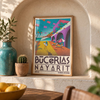 Mexico Coastal Wall Art, a small A4 framed print leaning on a shelf in a living room