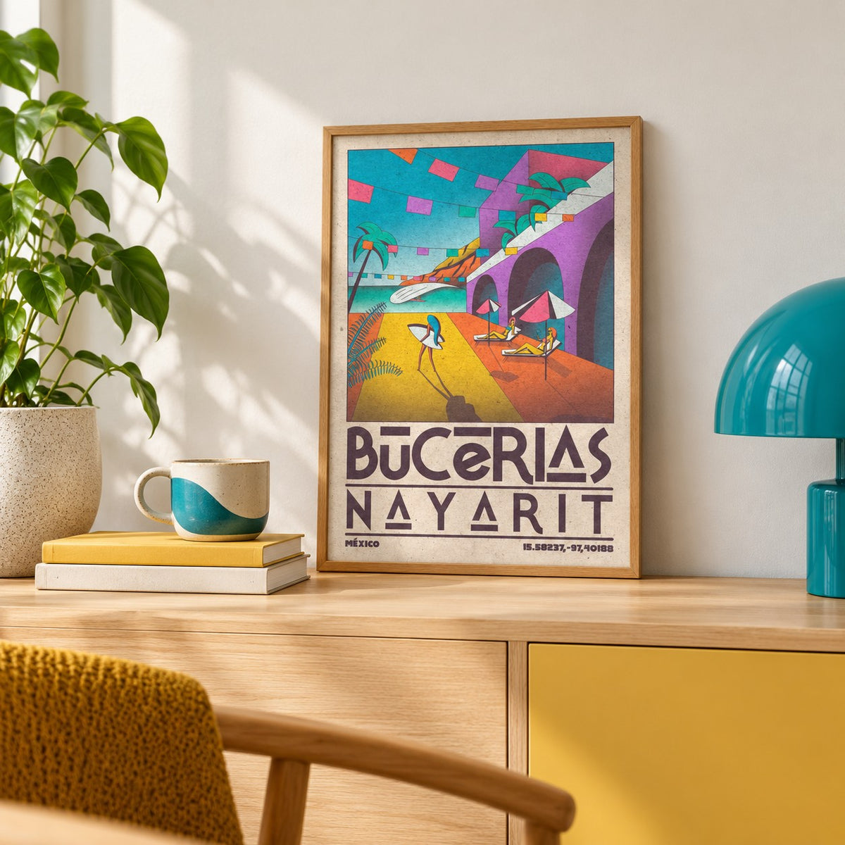 Mexico Coastal Wall Art shown in the small A4 size on a shelf (frame not included)
