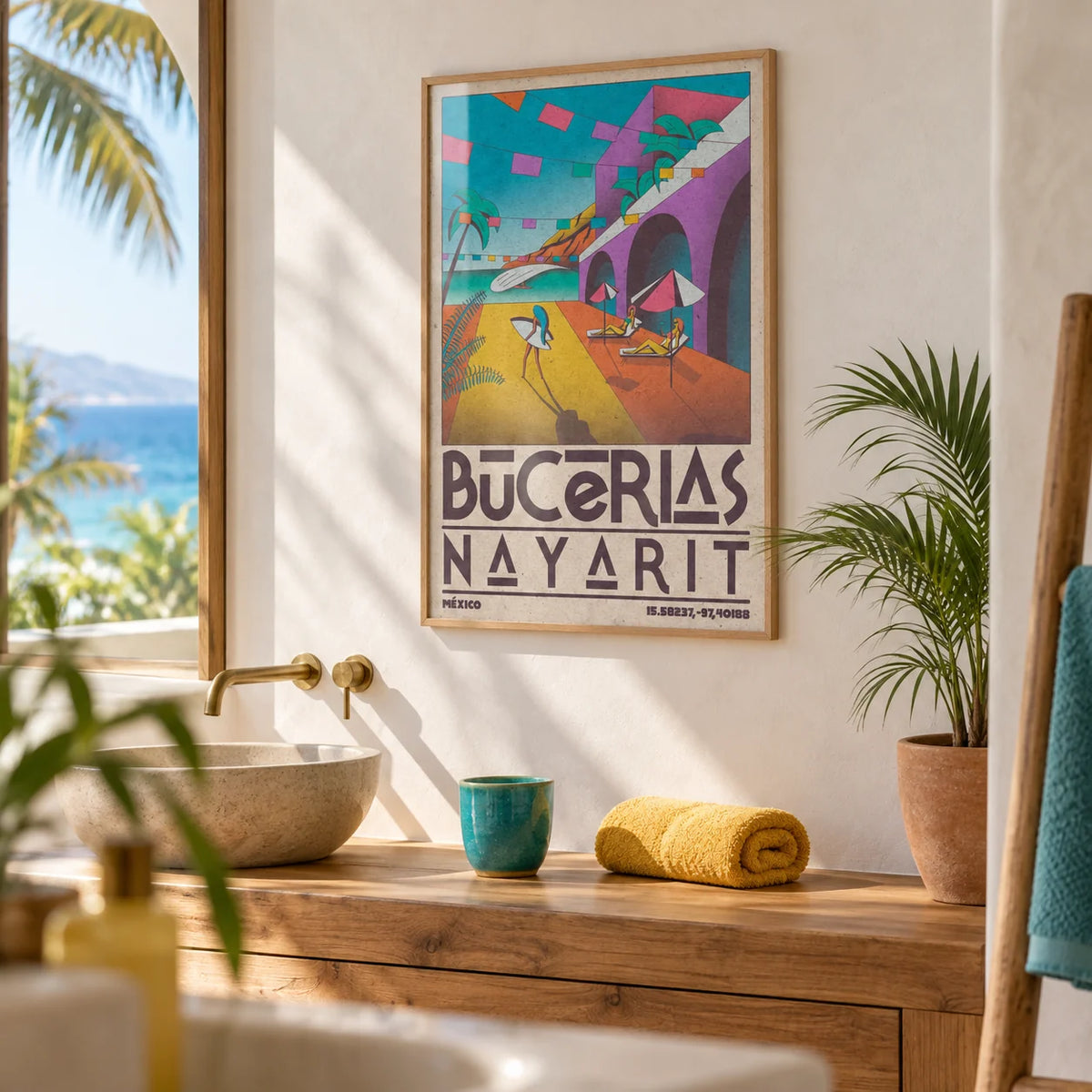 Mexico Coastal Wall Art, framed on the wall of a sunny coastal bathroom with smooth white plaster walls