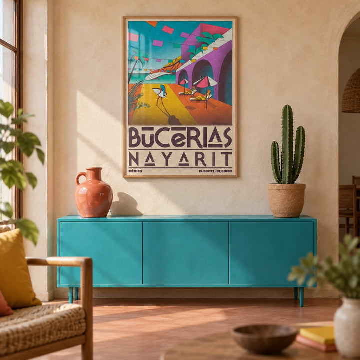 Mexico Coastal Wall Art, framed on the wall of a warm Mexican-modern living room with limewashed plaster walls and a plain terracotta floor