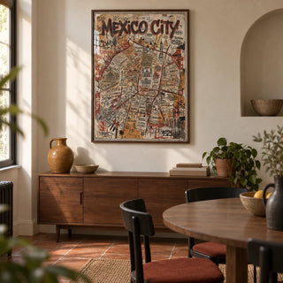Mexico Map Poster, framed on the wall of a compact modern dining room in a Victorian terrace with pale plaster walls and terracotta floor tiles