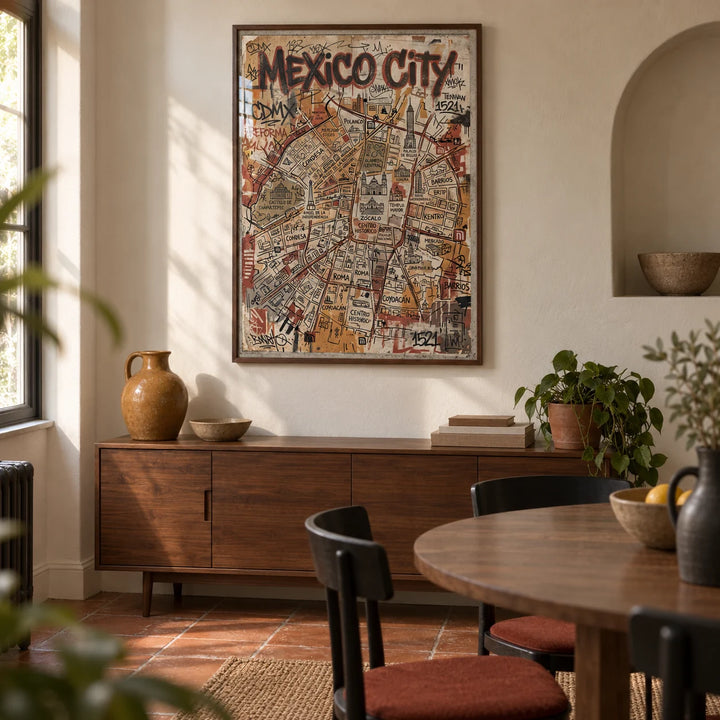Mexico Map Poster, framed on the wall of a compact modern dining room in a Victorian terrace with pale plaster walls and terracotta floor tiles