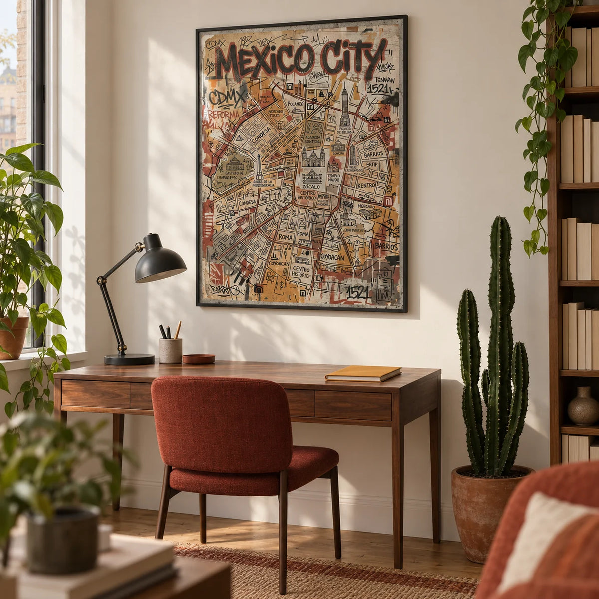 Mexico Map Poster, framed on the wall of a creative home study in a converted UK flat with warm white walls and a plain timber floor