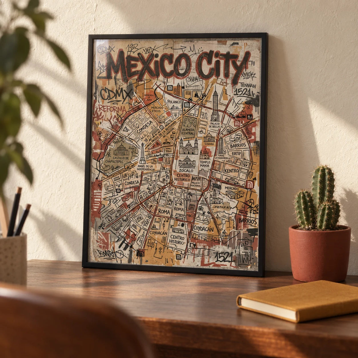 Mexico Map Poster, a small A4 framed print leaning on a walnut desk