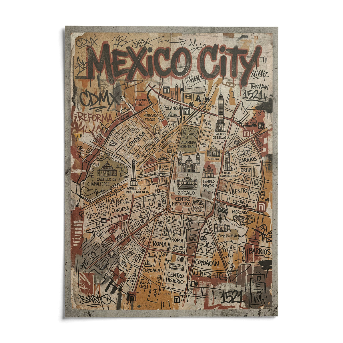 Mexico Map Poster, shown as an unframed paper print on a plain white background