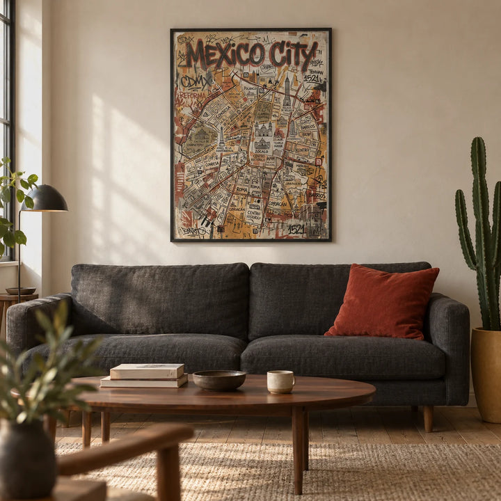 Mexico Map Poster, framed on the wall of a warm modern living room in a UK city flat with cream limewashed walls and a stripped timber floor