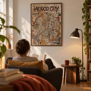 Mexico Map Poster, framed on the wall of a warm urban reading corner in a UK first home with a pale plaster wall and an oak floor in a living room
