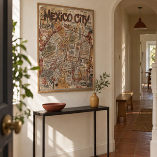 Mexico Map Poster, framed on the wall of a welcoming narrow hallway in a UK terrace with chalky cream plaster and terracotta floor tiles