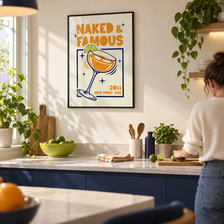 Mezcal Cocktail Art Print, framed on the wall of a bright modern kitchen in a first flat for a couple aged 25-35