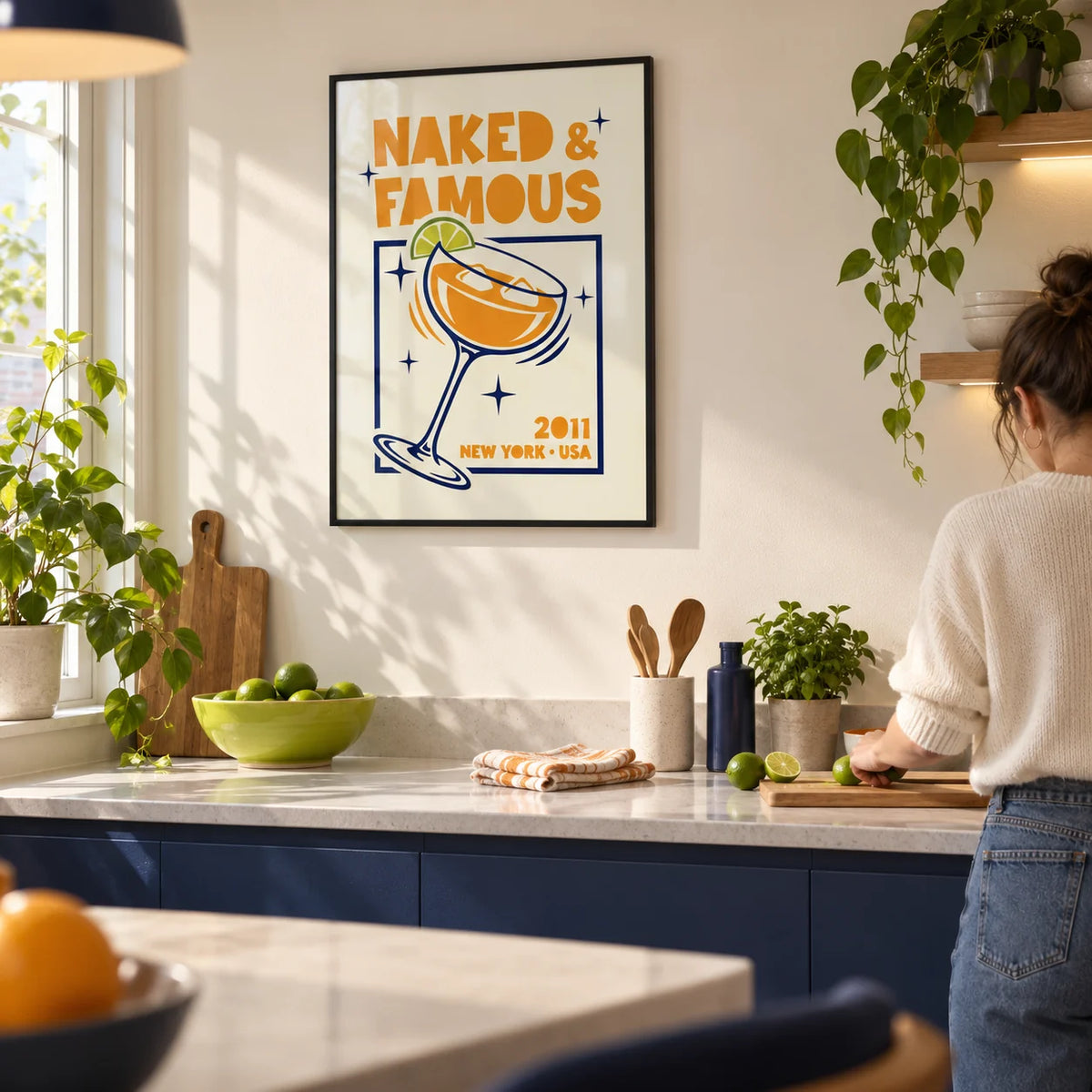 Mezcal Cocktail Art Print, framed on the wall of a bright modern kitchen in a first flat for a couple aged 25-35